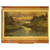 Carved Wooden Box with Mountain Painting on Top and Contents.