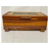 Carved Wooden Box with Mountain Painting on Top and Contents.