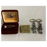 Vintage keychains, stud earrings, and magnificent Queen Anne collection cubic zirconia lapel pin