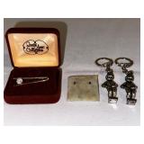 Vintage keychains, stud earrings, and magnificent Queen Anne collection cubic zirconia lapel pin