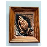 Vintage Praying Hands Framed Art Measuring 9 Inches by 10 Inches.