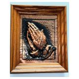 Vintage Praying Hands Framed Art Measuring 9 Inches by 10 Inches.