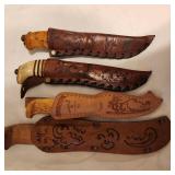 Set of Four Souvenir Scandinavian Hunting/Fishing Knife in Decorative Leather Sheath