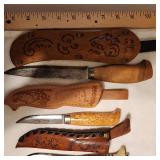 Set of Four Souvenir Scandinavian Hunting/Fishing Knife in Decorative Leather Sheath