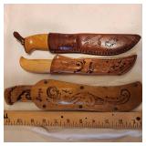 Set of Three Vintage Souvenir Scandinavian Hunting/Fishing Knife in Decorative Leather Sheath