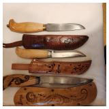 Set of Three Vintage Souvenir Scandinavian Hunting/Fishing Knife in Decorative Leather Sheath