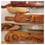 Set of Three Vintage Souvenir Scandinavian Hunting/Fishing Knife in Decorative Leather Sheath