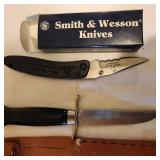 Mora Made in Sweden Fixed Blade Knife in Leather Sheath and Smith & Wesson Switchblade Knife