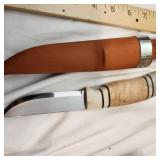 Original Helle Stainless Steel Fixed Blade Laminated Stainless Steel with Curly Birch and Reindeer Antler Handle with Leather Sheath