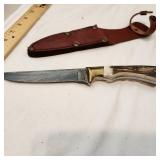 Vintage Marbles Damascus Blade Hunting Knife with Leather Sheath