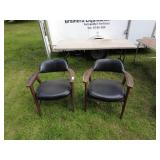 Pair of Vintage Black Leather and Wood Arm Chairs