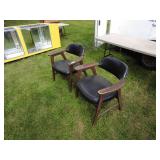 Pair of Vintage Black Leather and Wood Arm Chairs