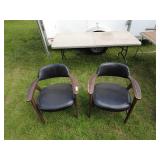 Pair of Vintage Black Leather and Wood Arm Chairs