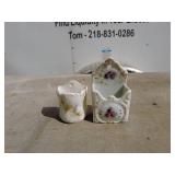 Vintage Porcelain Wall Pocket and Small Vase Set with Floral Design