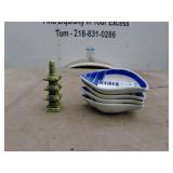 Ceramic Pagoda Figurine and Set of 4 Blue Fish Design Dishes