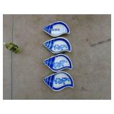 Ceramic Pagoda Figurine and Set of 4 Blue Fish Design Dishes