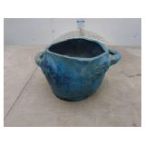 Vintage Blue Handmade Pottery Bowl with Handles
