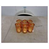 Set of 6 Vintage Amber Floral Etched Drinking Glasses