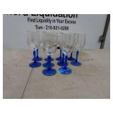 Set of 10 Blue Stem Wine Glasses with Gold Trim
