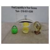 Lot of 3 Glass Decorative Items: Encapsulated Flowers Egg, Mushroom, and Green Egg