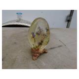 Lot of 3 Glass Decorative Items: Encapsulated Flowers Egg, Mushroom, and Green Egg