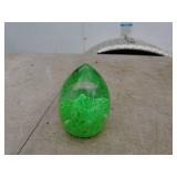 Lot of 3 Glass Decorative Items: Encapsulated Flowers Egg, Mushroom, and Green Egg