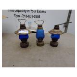Set of 3 Vintage Blue Glass Oil Lamps