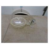 Glass Kitchenware Lot: Casserole Dish, Shaker, Pitcher, and Jar
