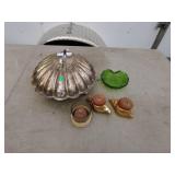 Decorative Lot: Clamshell Container, Green Glass Plate, and Candle Holders