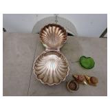 Decorative Lot: Clamshell Container, Green Glass Plate, and Candle Holders