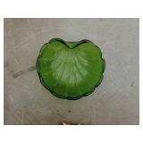 Decorative Lot: Clamshell Container, Green Glass Plate, and Candle Holders