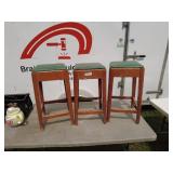 Set of 3 Vintage Wooden Bar Stools with Green Cushion Seats