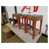 Set of 3 Vintage Wooden Bar Stools with Green Cushion Seats
