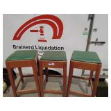 Set of 3 Vintage Wooden Bar Stools with Green Cushion Seats