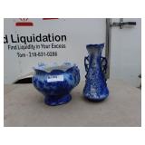 Antique Flow Blue Pottery Pieces - Bowl and Vase