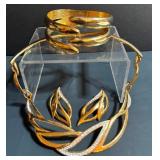 Vintage Runway Deco Monet Collar Necklace, Matching Earrings and Gold Plated Bracelet