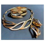Vintage Runway Deco Monet Collar Necklace, Matching Earrings and Gold Plated Bracelet