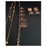 Unique Gold Tone Costume Jewelry Including Necklace, Bracelet and Earrings