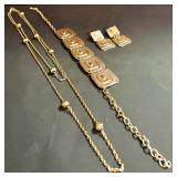 Unique Gold Tone Costume Jewelry Including Necklace, Bracelet and Earrings