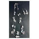 Stunning Long Silver Multi Strand Layered Necklace White Frosted Bead and Matching Earrings