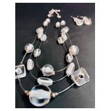 Stunning Long Silver Multi Strand Layered Necklace White Frosted Bead and Matching Earrings