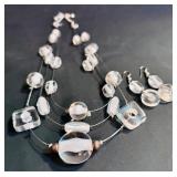 Stunning Long Silver Multi Strand Layered Necklace White Frosted Bead and Matching Earrings