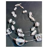 Stunning Long Silver Multi Strand Layered Necklace White Frosted Bead and Matching Earrings