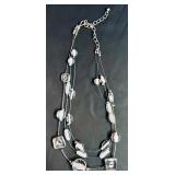 Stunning Long Silver Multi Strand Layered Necklace White Frosted Bead and Matching Earrings