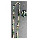 Vintage Green, Yellow and Pearl Beaded Necklace and Brooch