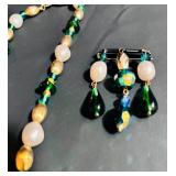 Vintage Green, Yellow and Pearl Beaded Necklace and Brooch