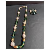 Vintage Green, Yellow and Pearl Beaded Necklace and Brooch