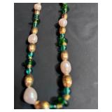 Vintage Green, Yellow and Pearl Beaded Necklace and Brooch