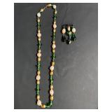 Vintage Green, Yellow and Pearl Beaded Necklace and Brooch