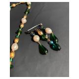 Vintage Green, Yellow and Pearl Beaded Necklace and Brooch